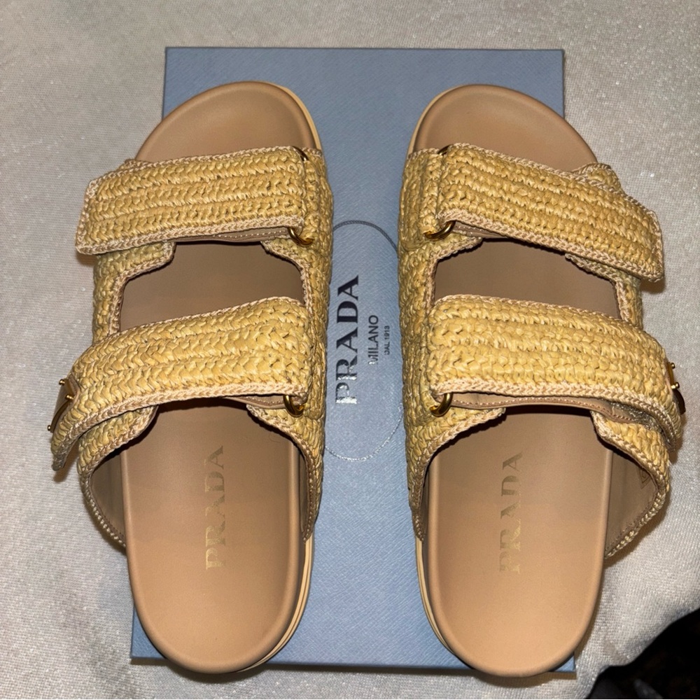Authentic Prada Fussbett Raffia Double Band Slide Sandal Natural New 9 US 39 EU - Picture 9 of 13